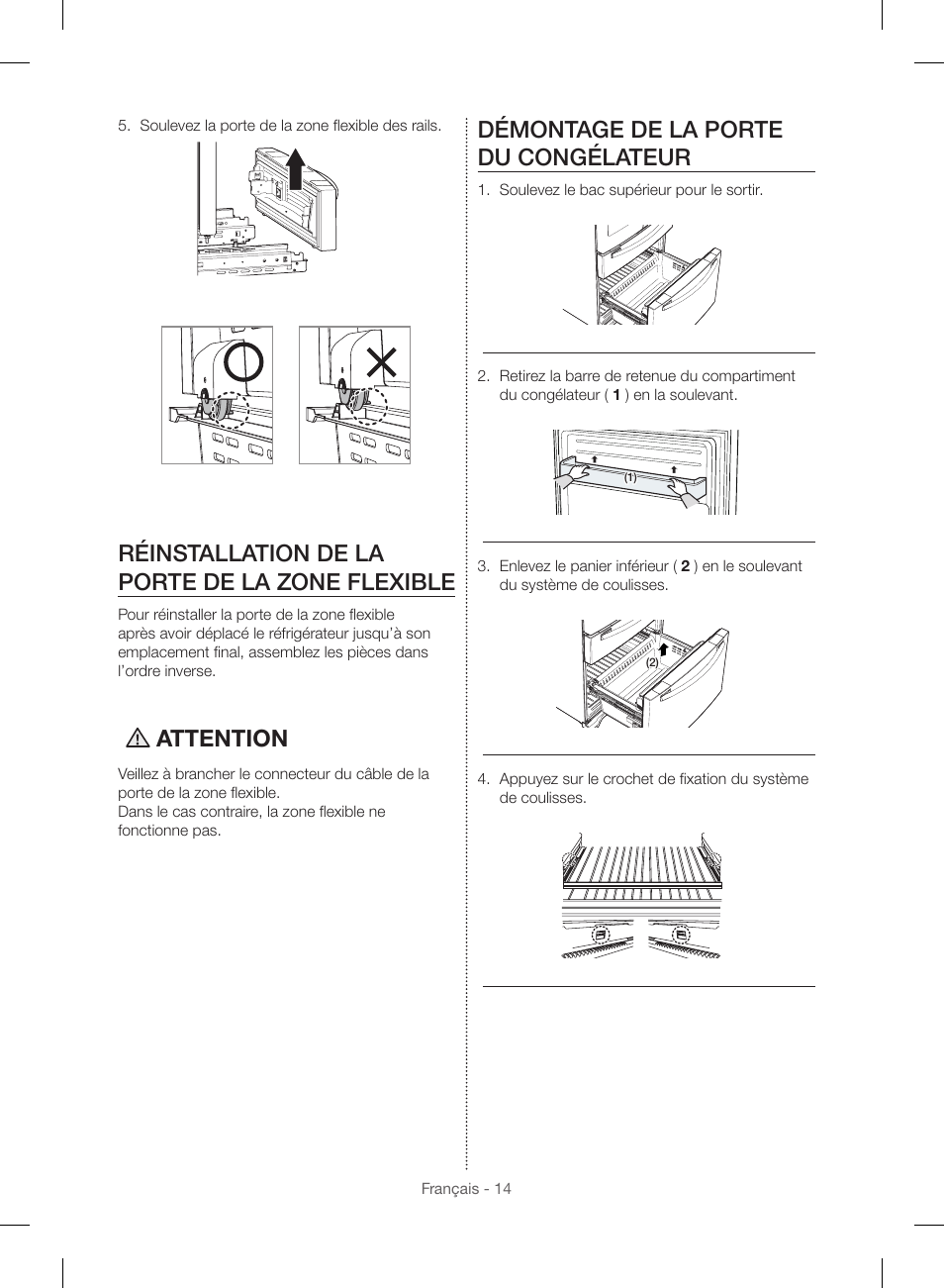 Réinstallation de la porte de la zone flexible, Attention, Démontage de la porte du congélateur | Samsung RF23HSESBSR-AA User Manual | Page 126 / 168