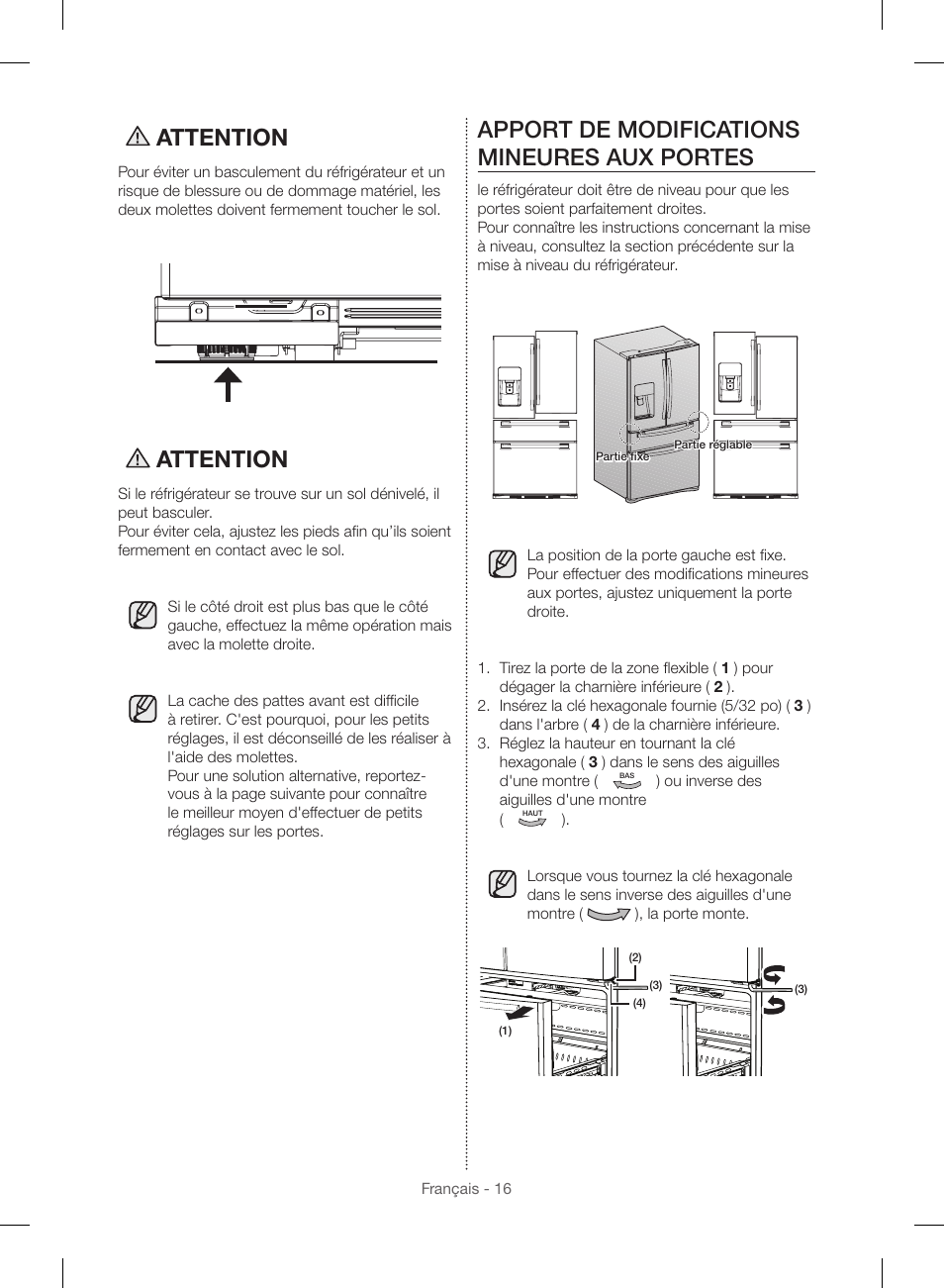 Attention, Apport de modifications mineures aux portes | Samsung RF23HSESBSR-AA User Manual | Page 128 / 168