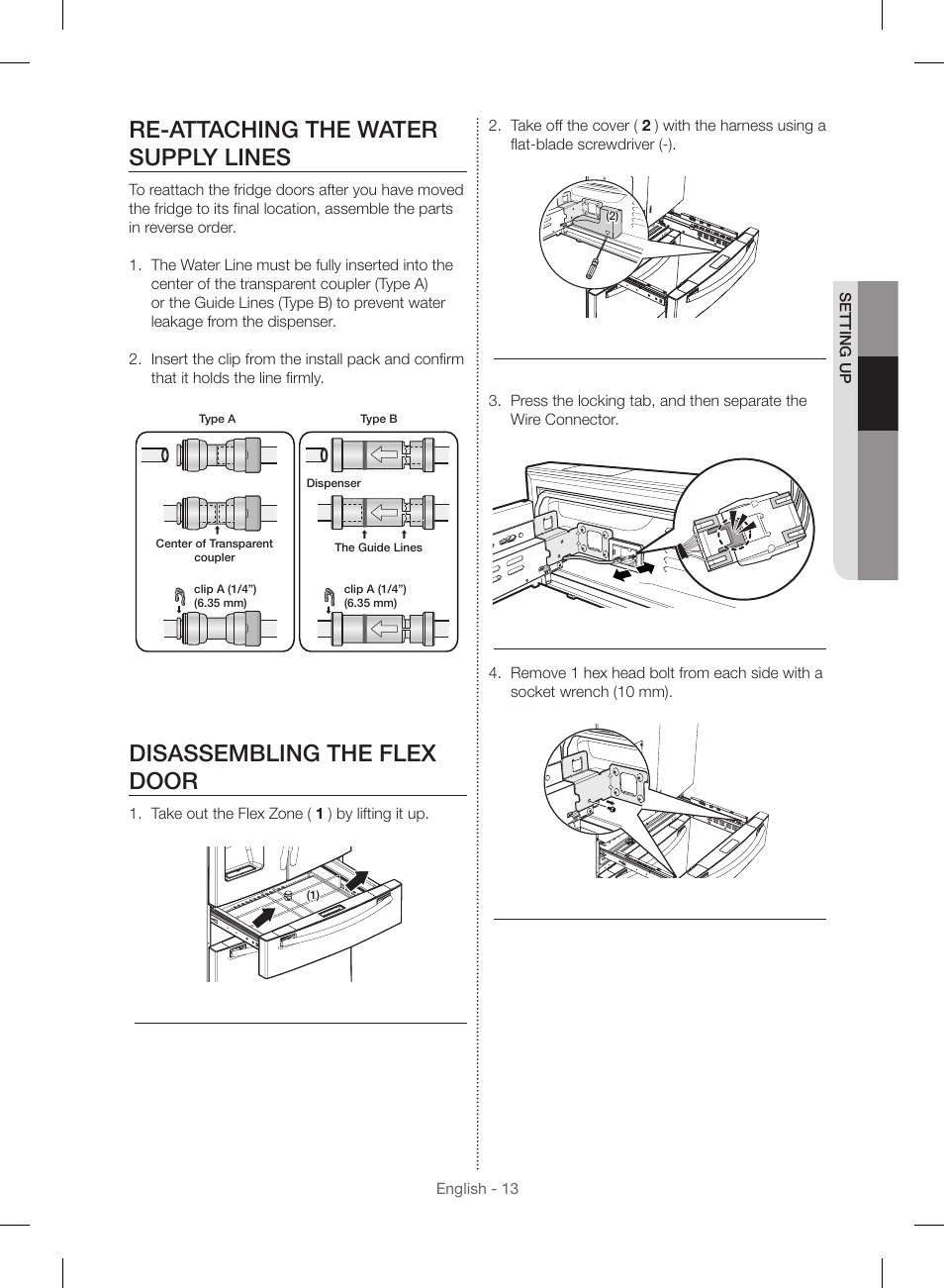 Re-attaching the water supply lines, Disassembling the flex door | Samsung RF23HSESBSR-AA User Manual | Page 13 / 168