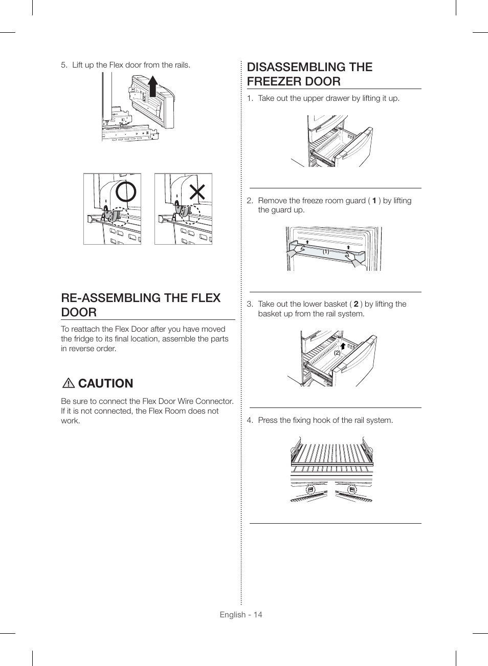 Re-assembling the flex door, Caution, Disassembling the freezer door | Samsung RF23HSESBSR-AA User Manual | Page 14 / 168