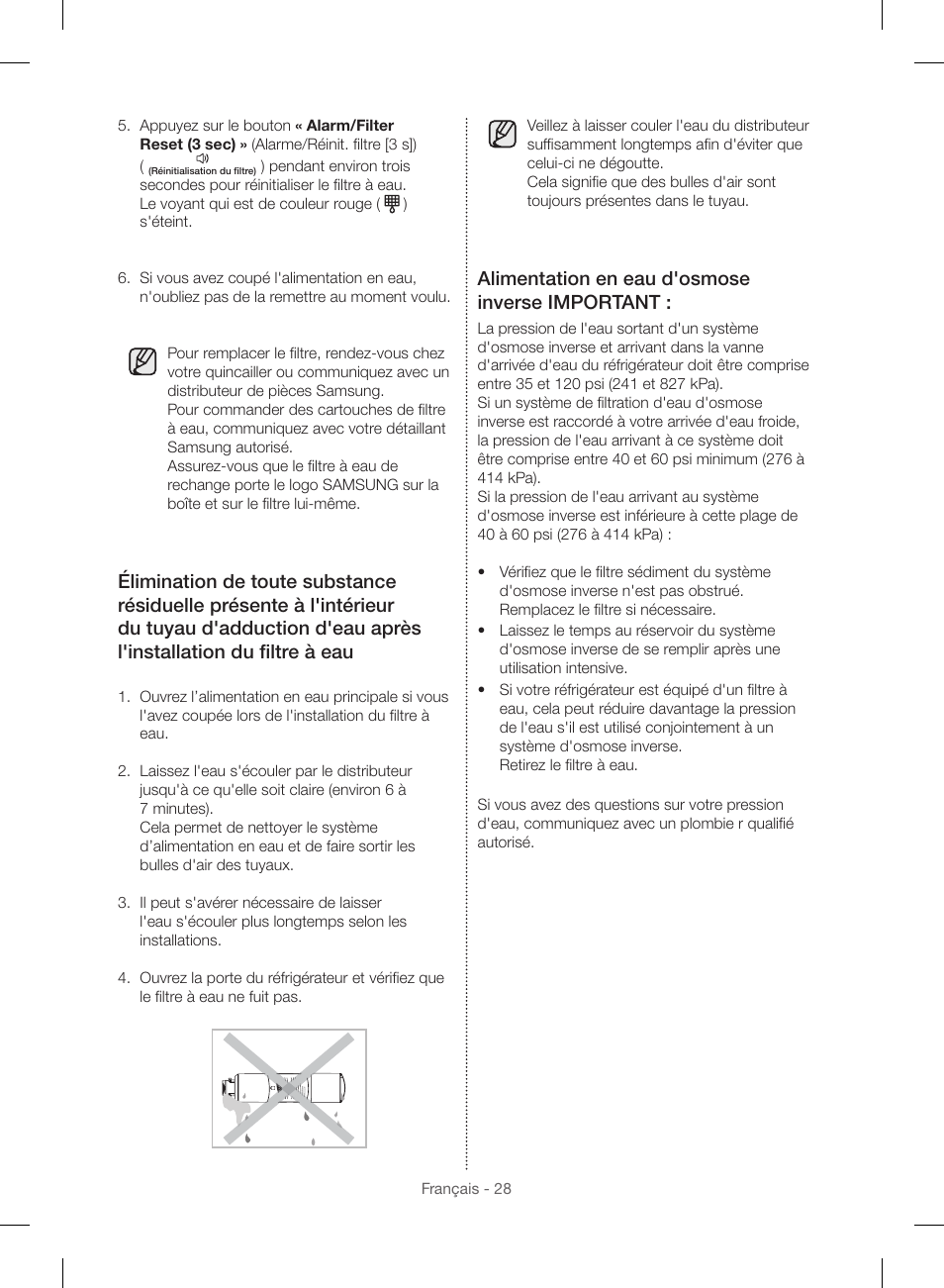 Alimentation en eau d'osmose inverse important | Samsung RF23HSESBSR-AA User Manual | Page 140 / 168