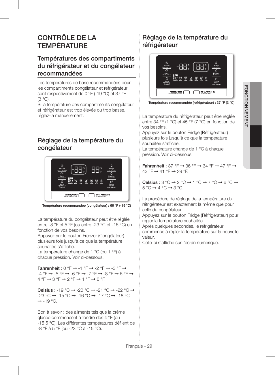 Contrôle de la température, Réglage de la température du congélateur, Réglage de la température du réfrigérateur | Samsung RF23HSESBSR-AA User Manual | Page 141 / 168