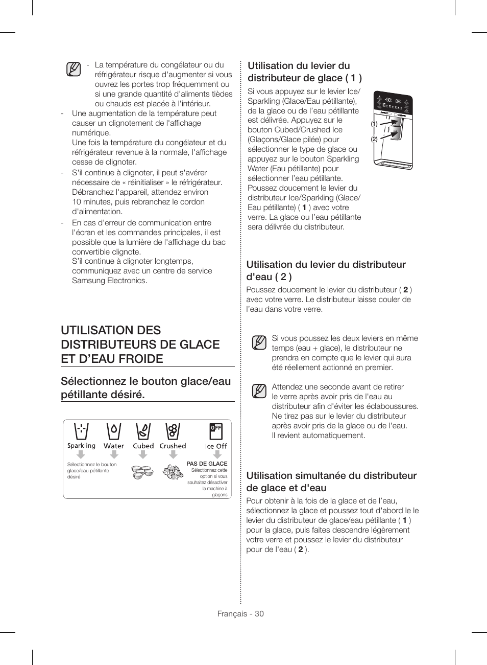 Sélectionnez le bouton glace/eau pétillante désiré, Utilisation du levier du distributeur d'eau ( 2 ) | Samsung RF23HSESBSR-AA User Manual | Page 142 / 168