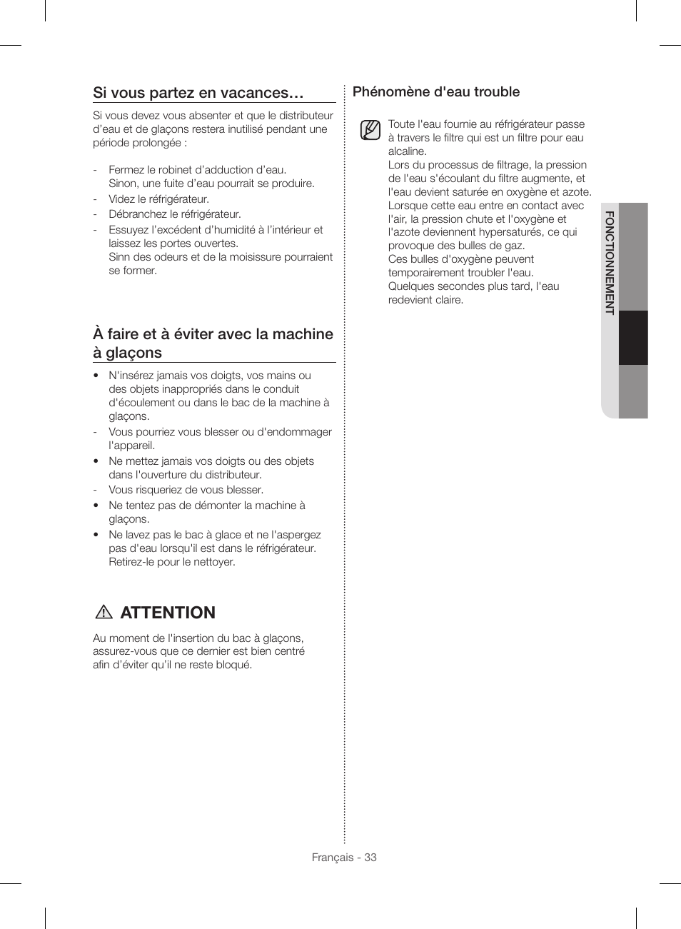 Attention, Si vous partez en vacances, À faire et à éviter avec la machine à glaçons | Phénomène d'eau trouble | Samsung RF23HSESBSR-AA User Manual | Page 145 / 168