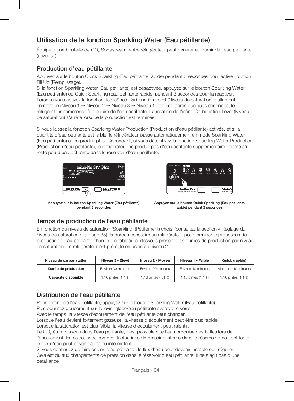 Production d'eau pétillante, Temps de production de l'eau pétillante, Distribution de l'eau pétillante | Samsung RF23HSESBSR-AA User Manual | Page 146 / 168