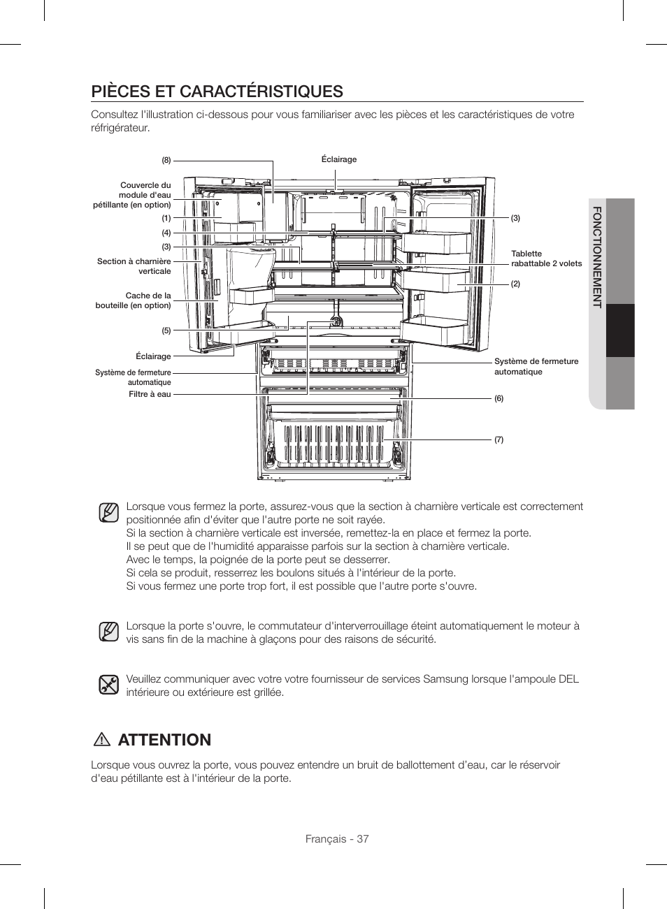 Pièces et caractéristiques, Attention | Samsung RF23HSESBSR-AA User Manual | Page 149 / 168