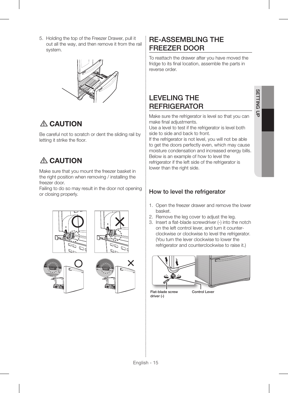 Caution, Re-assembling the freezer door, Leveling the refrigerator | Samsung RF23HSESBSR-AA User Manual | Page 15 / 168