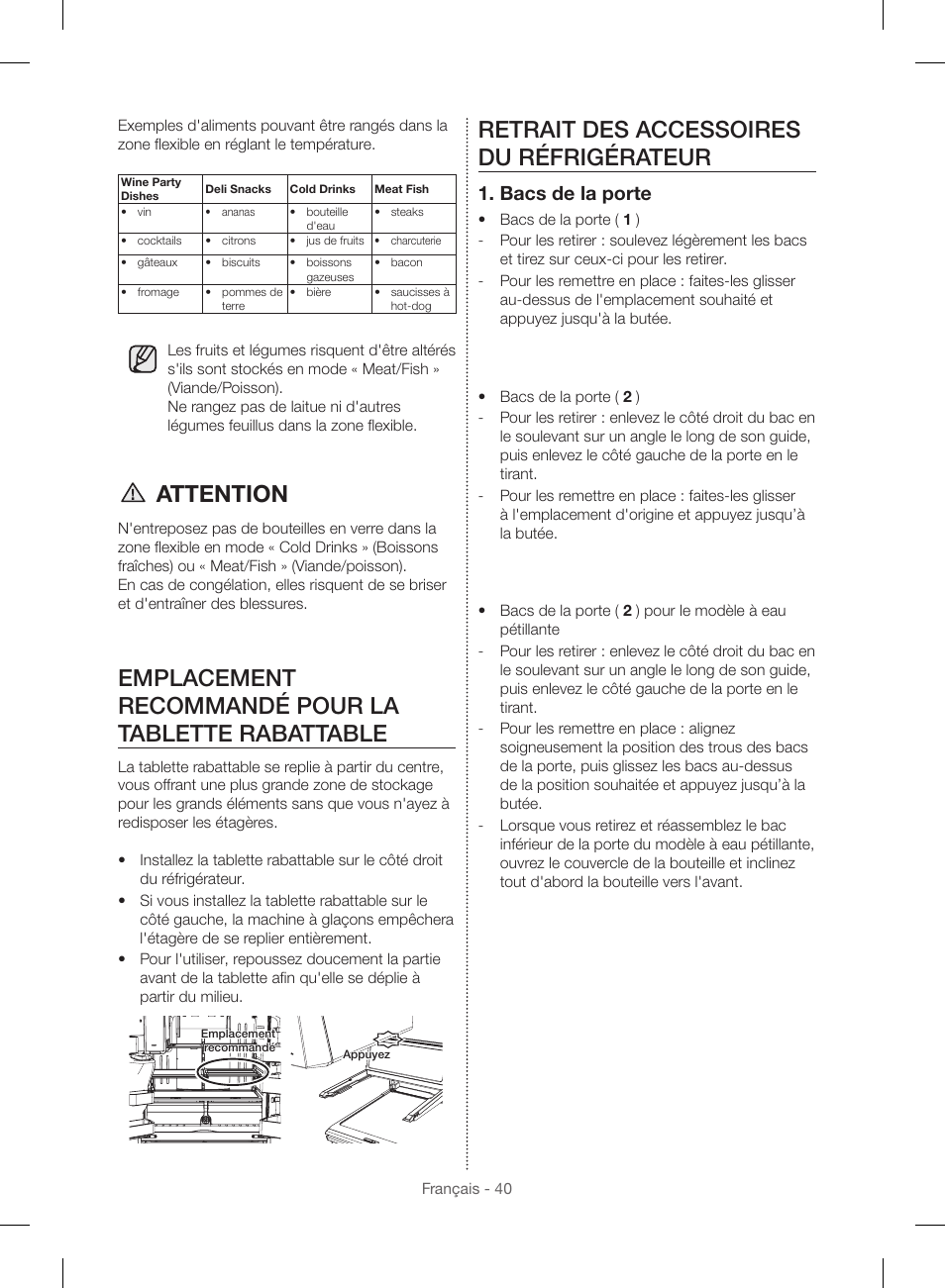 Attention, Emplacement recommandé pour la tablette rabattable, Retrait des accessoires du réfrigérateur | Bacs de la porte | Samsung RF23HSESBSR-AA User Manual | Page 152 / 168