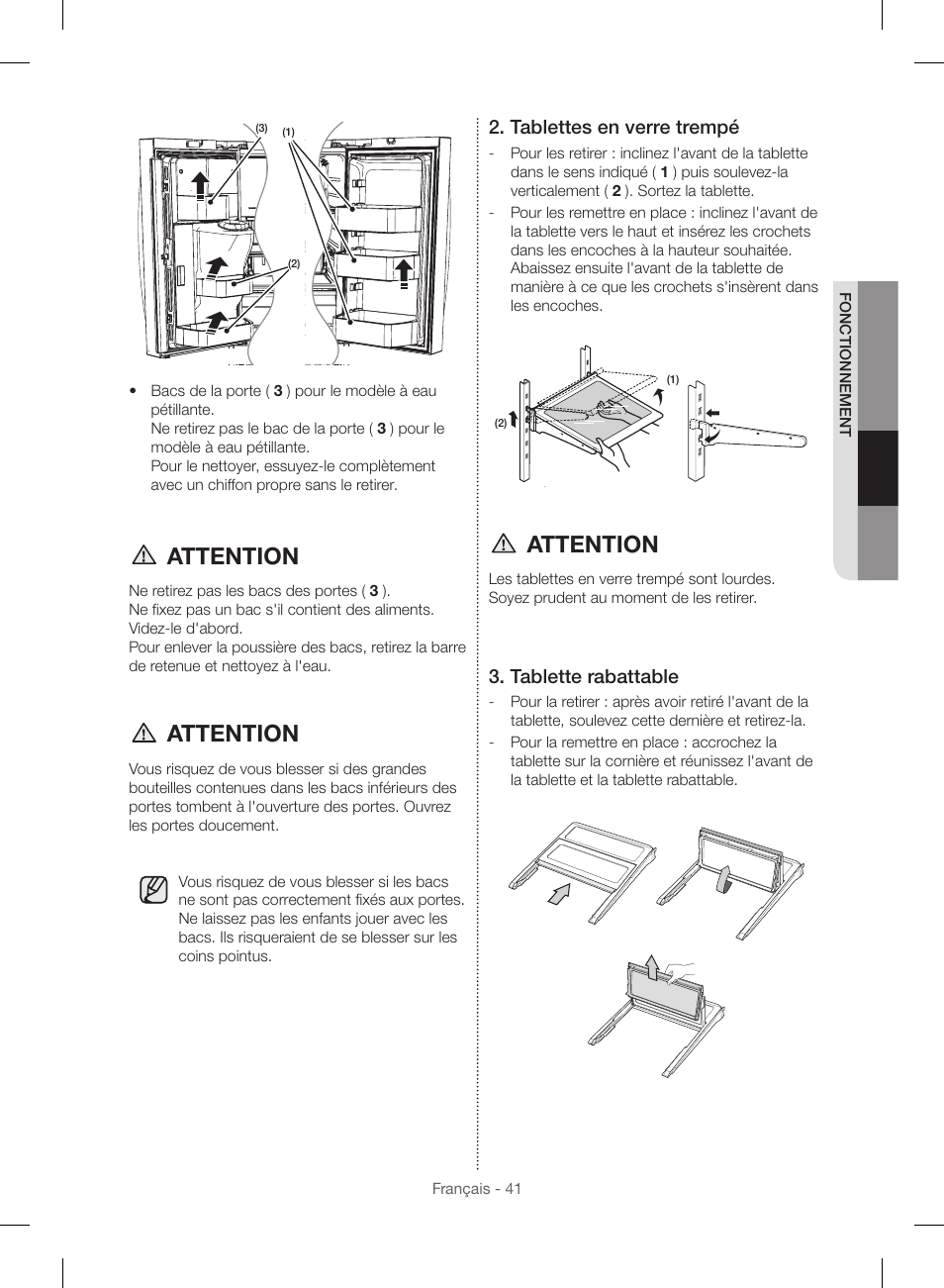 Attention, Tablettes en verre trempé, Tablette rabattable | Samsung RF23HSESBSR-AA User Manual | Page 153 / 168