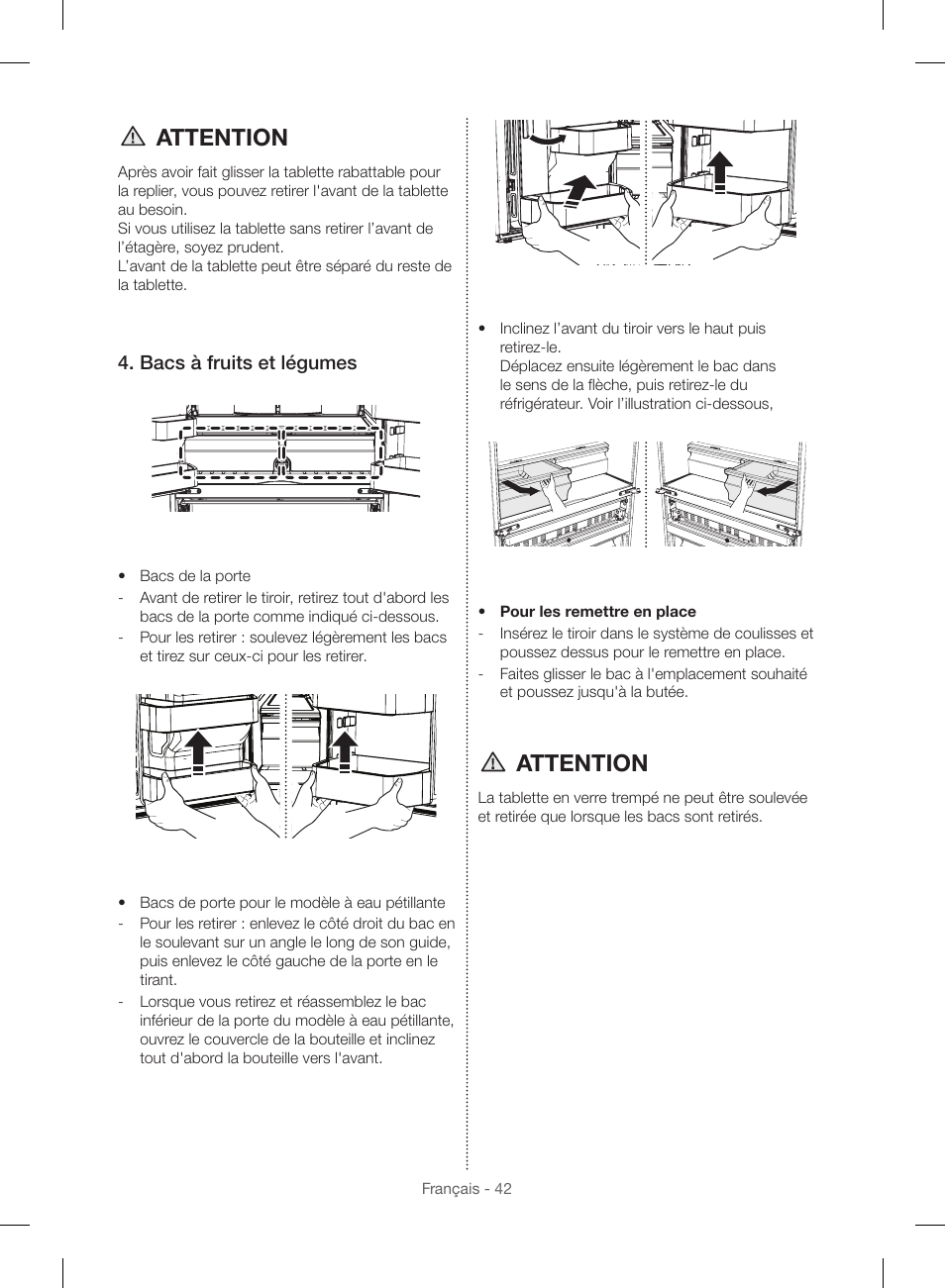 Attention, Bacs à fruits et légumes | Samsung RF23HSESBSR-AA User Manual | Page 154 / 168