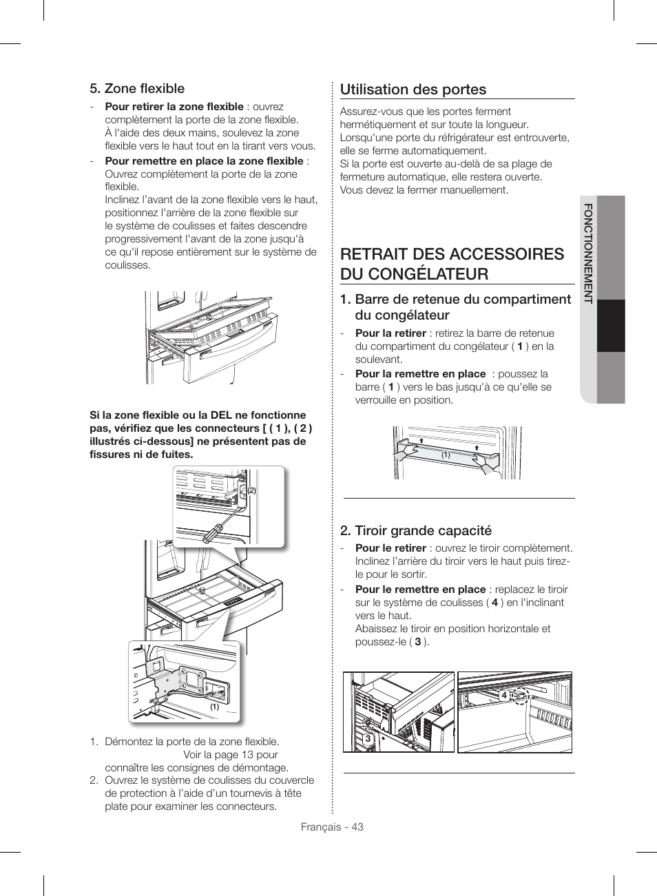 Retrait des accessoires du congélateur, Utilisation des portes, Zone flexible | Barre de retenue du compartiment du congélateur, Tiroir grande capacité | Samsung RF23HSESBSR-AA User Manual | Page 155 / 168