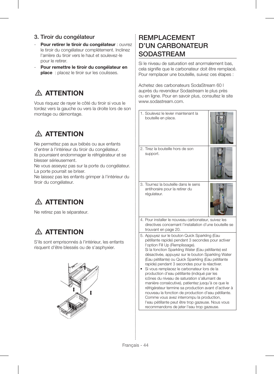 Attention, Remplacement d’un carbonateur sodastream, Tiroir du congélateur | Samsung RF23HSESBSR-AA User Manual | Page 156 / 168
