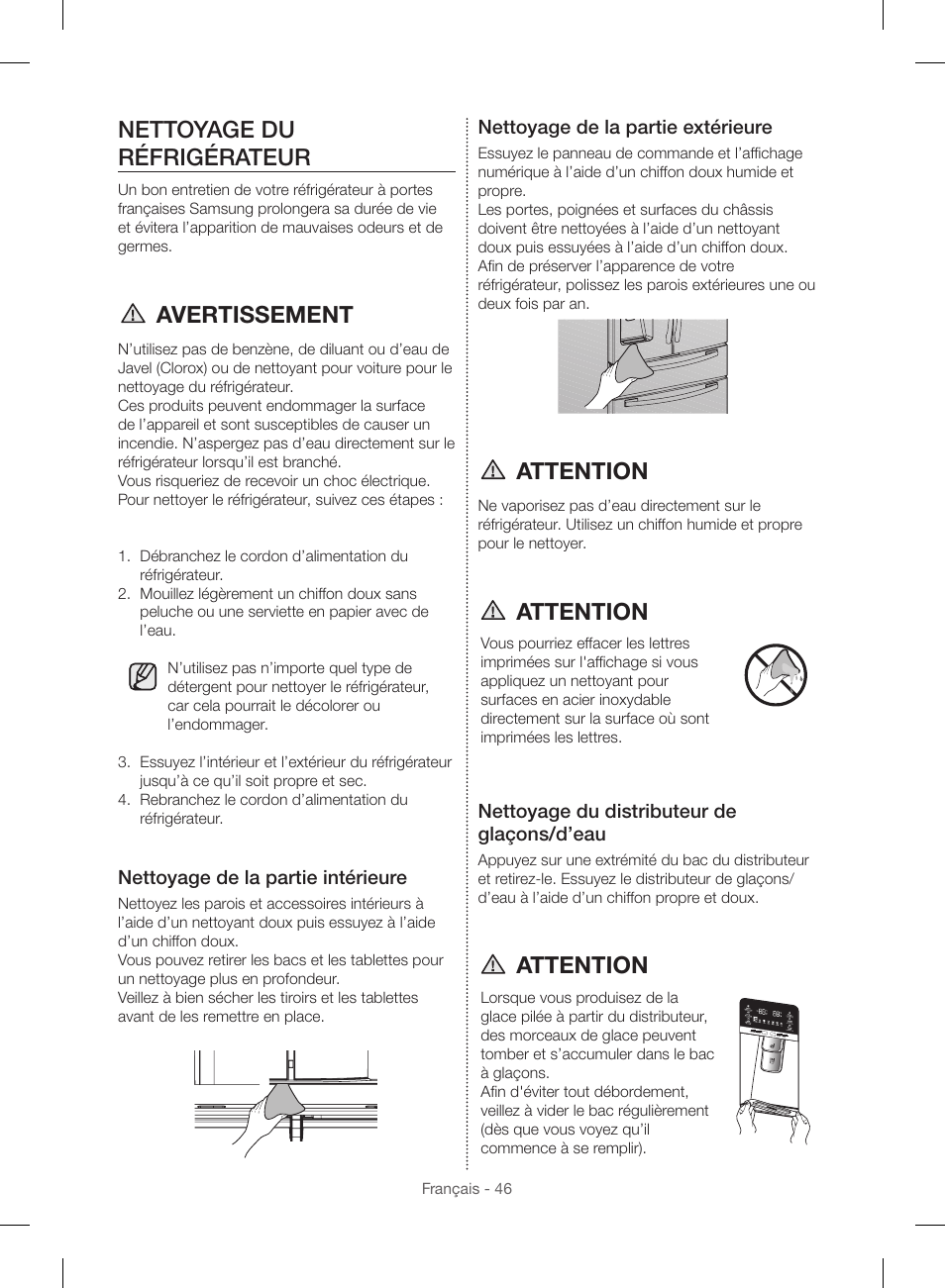 Nettoyage du réfrigérateur, Avertissement, Attention | Samsung RF23HSESBSR-AA User Manual | Page 158 / 168