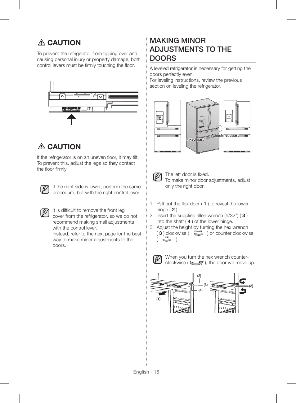 Caution, Making minor adjustments to the doors | Samsung RF23HSESBSR-AA User Manual | Page 16 / 168