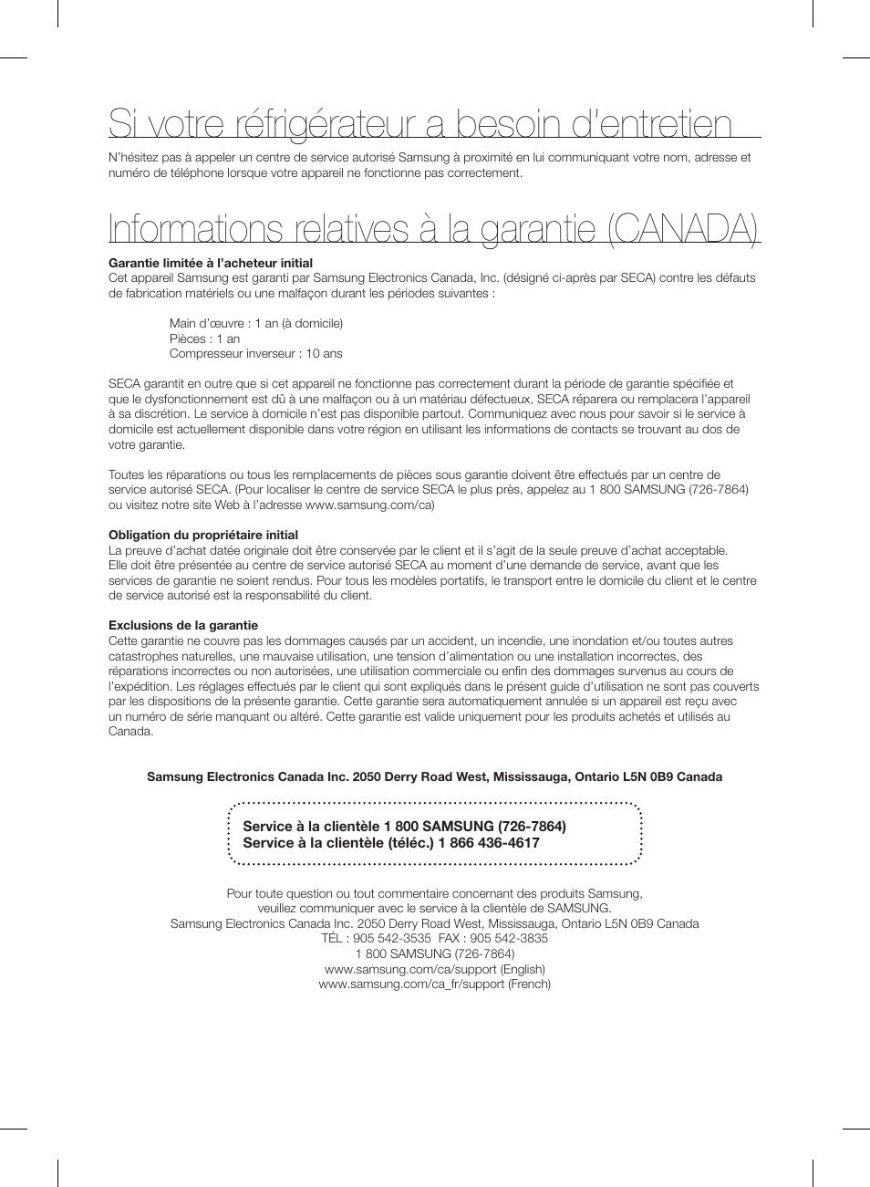 Si votre réfrigérateur a besoin d’entretien, Informations relatives à la garantie (canada) | Samsung RF23HSESBSR-AA User Manual | Page 165 / 168