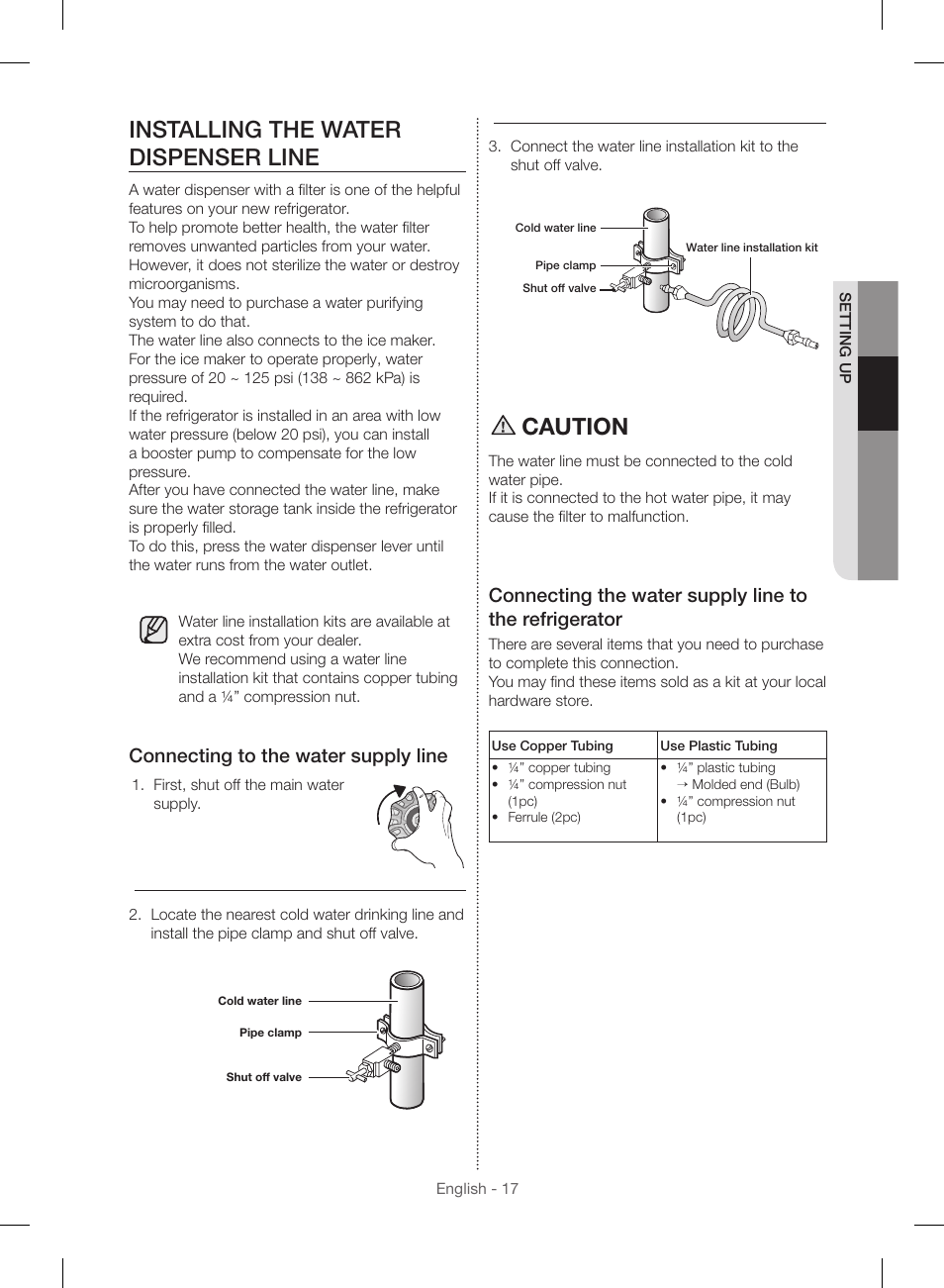 Installing the water dispenser line, Caution, Connecting to the water supply line | Samsung RF23HSESBSR-AA User Manual | Page 17 / 168