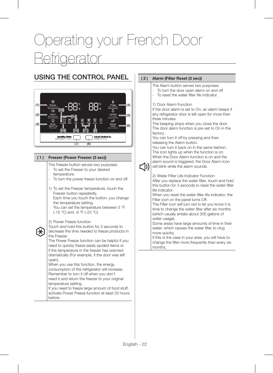 Operating your french door refrigerator, Using the control panel | Samsung RF23HSESBSR-AA User Manual | Page 22 / 168