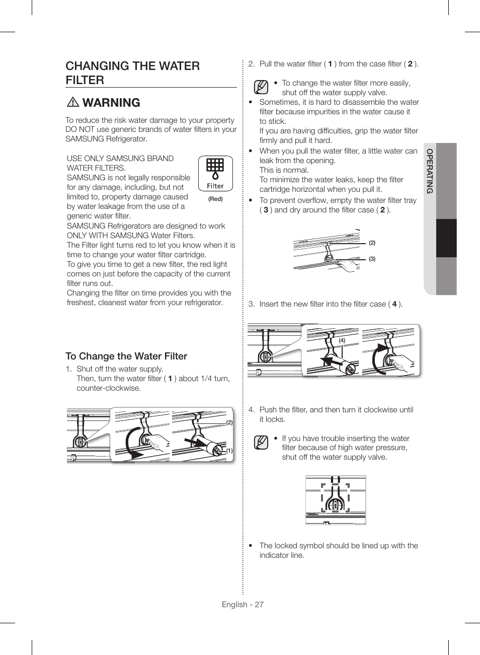 Changing the water filter warning | Samsung RF23HSESBSR-AA User Manual | Page 27 / 168