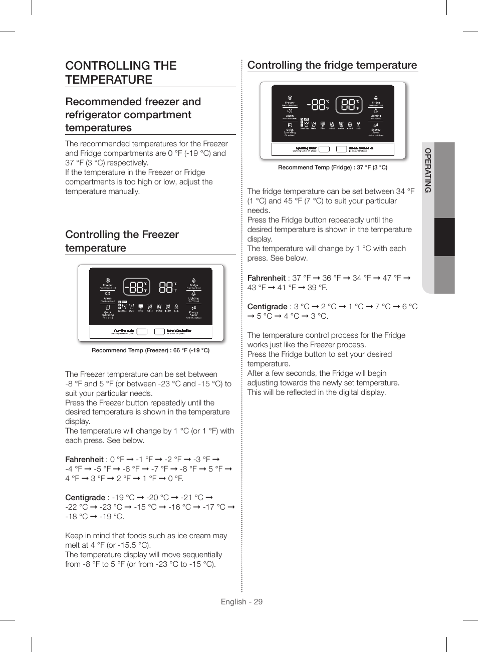 Controlling the temperature, Controlling the freezer temperature, Controlling the fridge temperature | Samsung RF23HSESBSR-AA User Manual | Page 29 / 168
