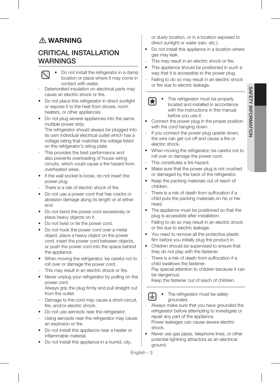 Warning critical installation warnings | Samsung RF23HSESBSR-AA User Manual | Page 3 / 168