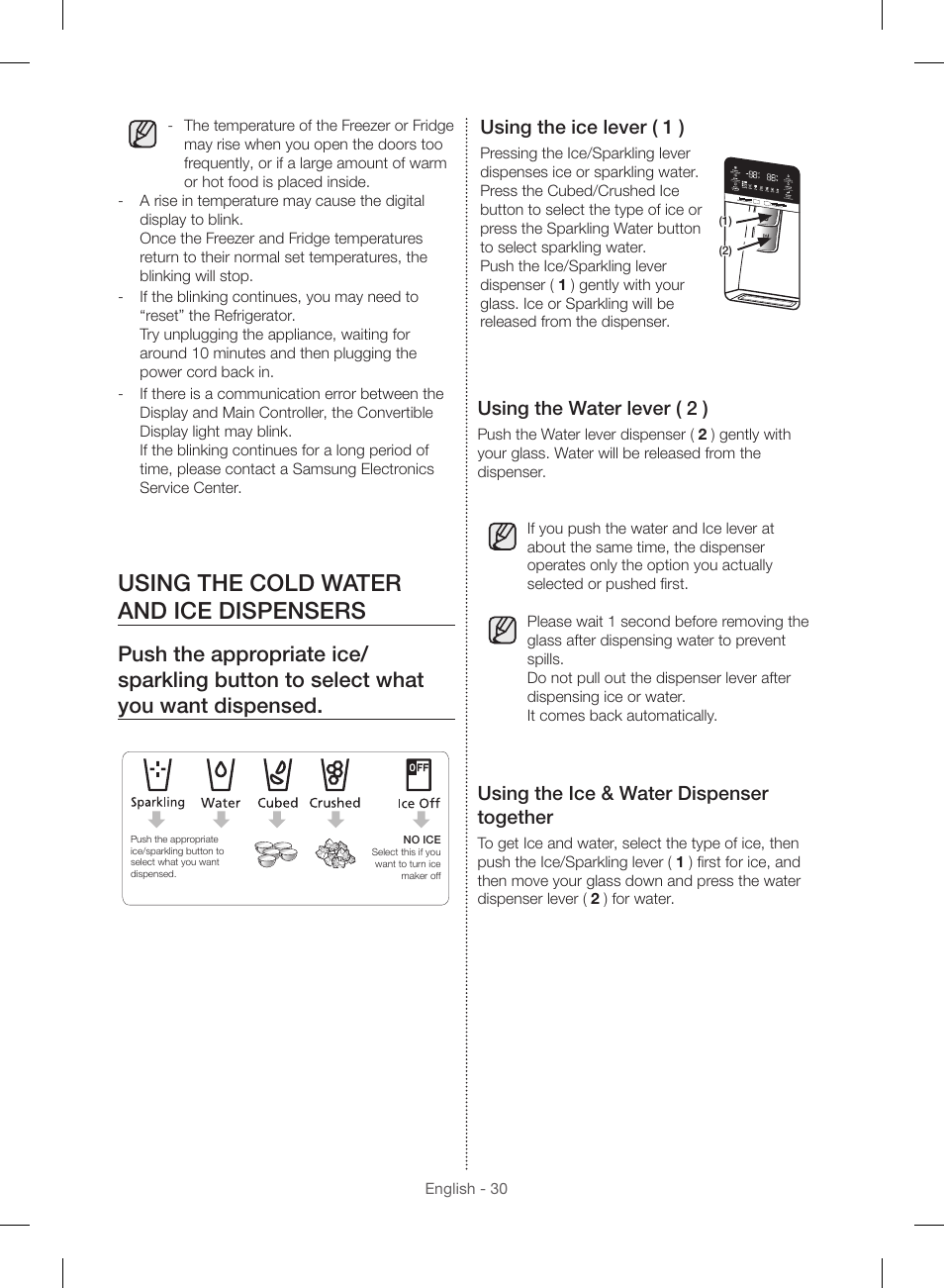 Using the cold water and ice dispensers, Using the ice lever ( 1 ), Using the water lever ( 2 ) | Using the ice & water dispenser together | Samsung RF23HSESBSR-AA User Manual | Page 30 / 168