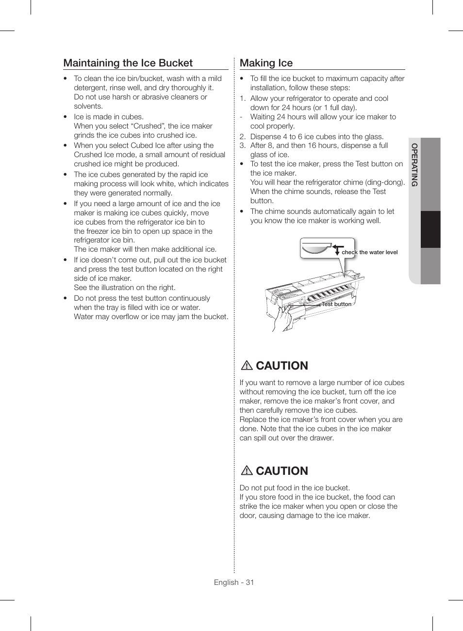 Caution, Maintaining the ice bucket, Making ice | Samsung RF23HSESBSR-AA User Manual | Page 31 / 168