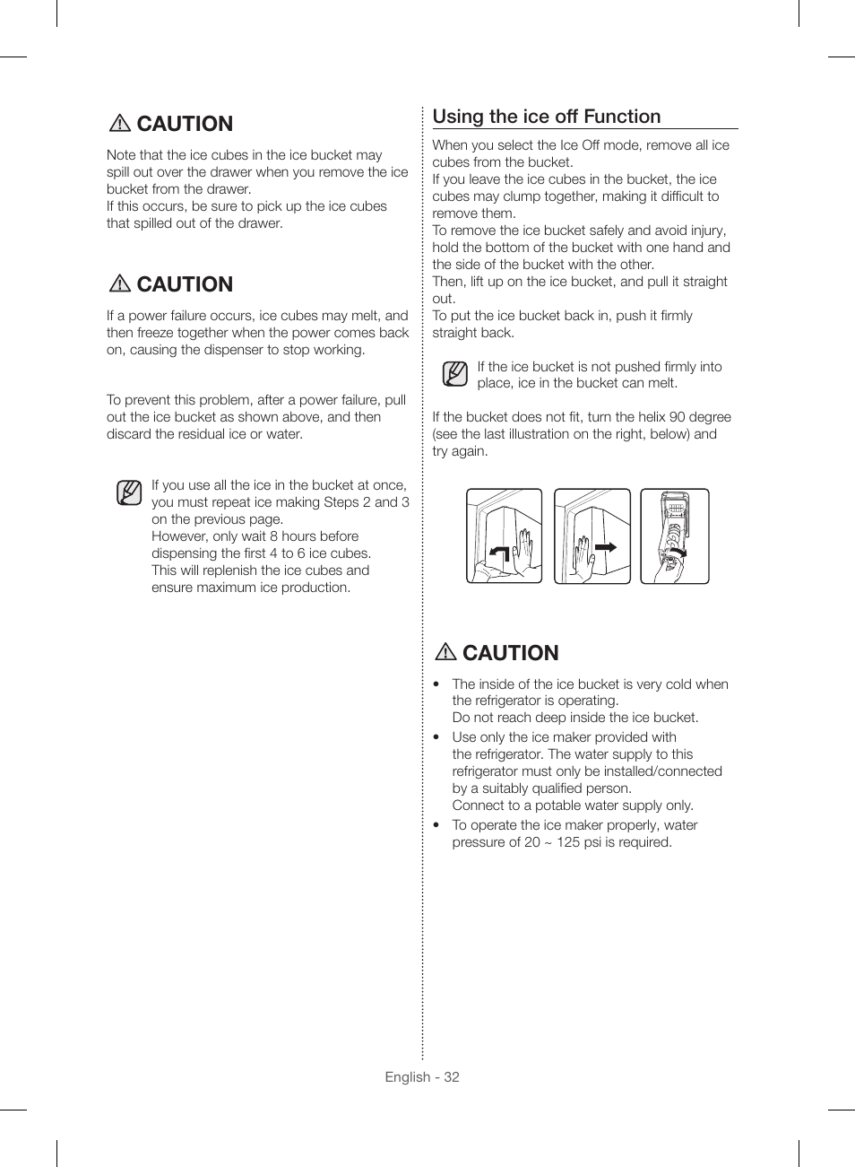 Caution, Using the ice off function | Samsung RF23HSESBSR-AA User Manual | Page 32 / 168