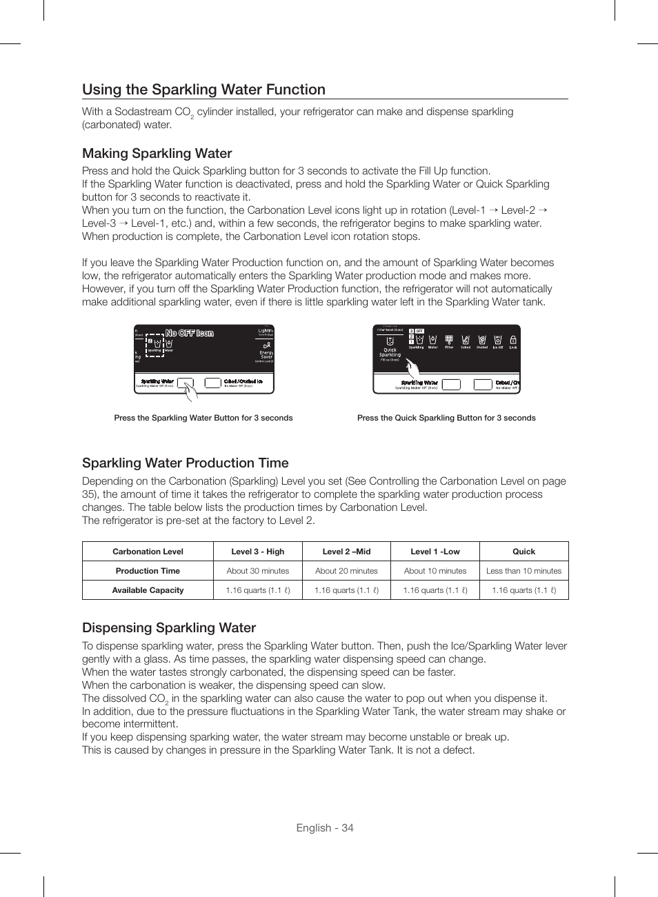 Using the sparkling water function, Making sparkling water, Sparkling water production time | Dispensing sparkling water | Samsung RF23HSESBSR-AA User Manual | Page 34 / 168