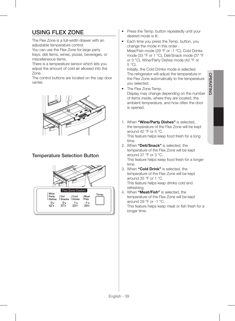Using flex zone, Temperature selection button | Samsung RF23HSESBSR-AA User Manual | Page 39 / 168