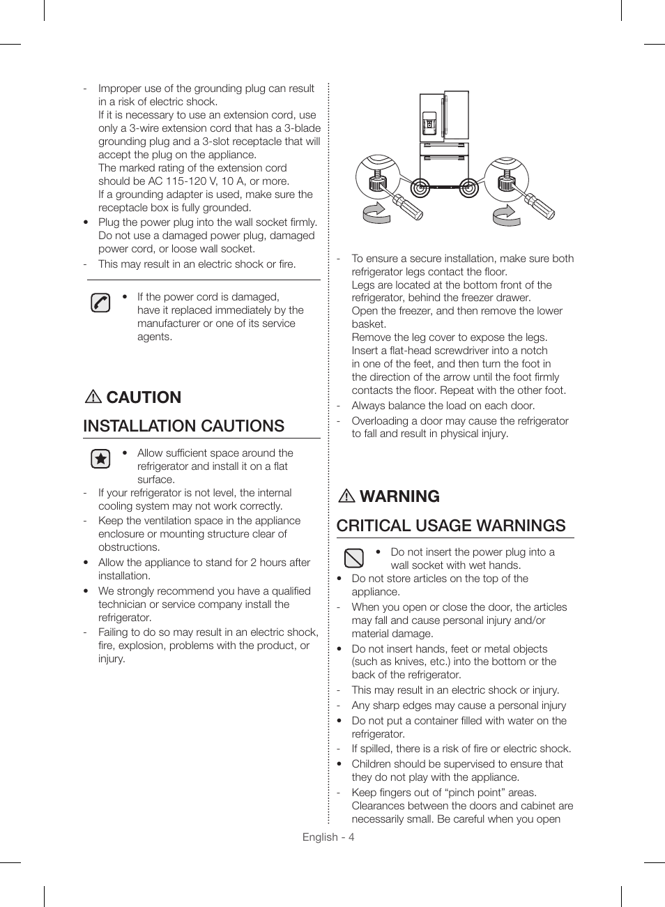 Caution installation cautions, Warning critical usage warnings | Samsung RF23HSESBSR-AA User Manual | Page 4 / 168