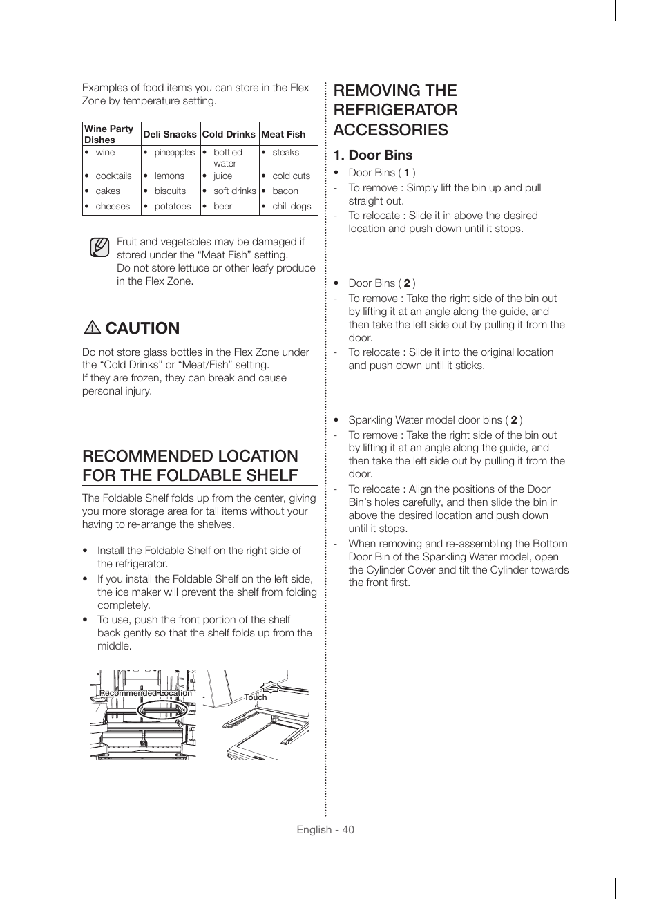 Caution, Recommended location for the foldable shelf, Removing the refrigerator accessories | Door bins | Samsung RF23HSESBSR-AA User Manual | Page 40 / 168