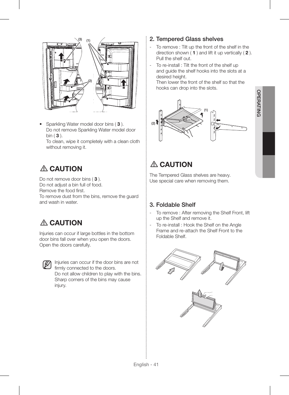 Caution, Tempered glass shelves, Foldable shelf | Samsung RF23HSESBSR-AA User Manual | Page 41 / 168