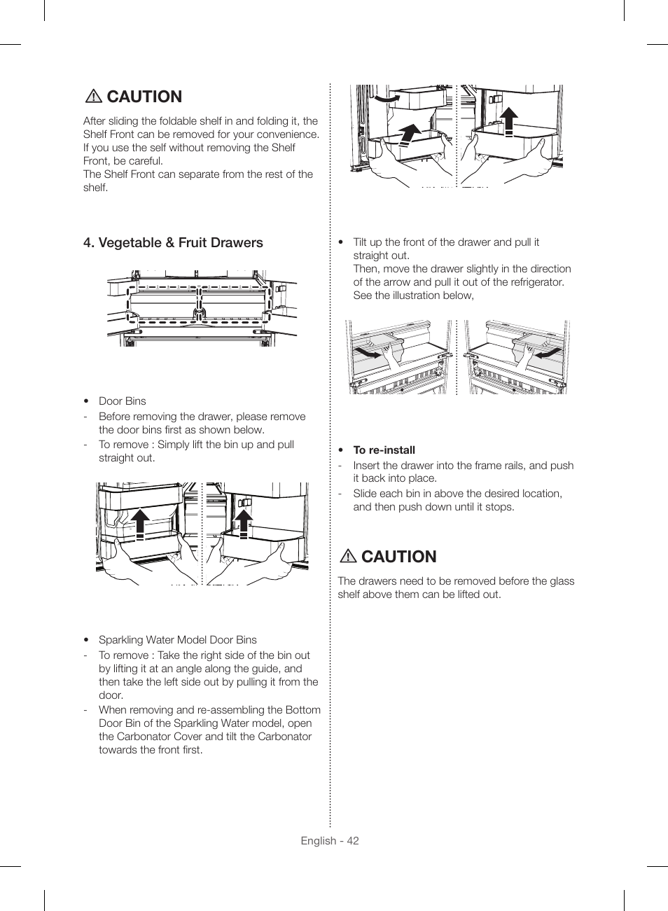 Caution, Vegetable & fruit drawers | Samsung RF23HSESBSR-AA User Manual | Page 42 / 168