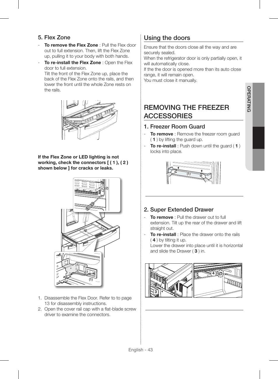 Removing the freezer accessories, Using the doors, Flex zone | Freezer room guard, Super extended drawer | Samsung RF23HSESBSR-AA User Manual | Page 43 / 168