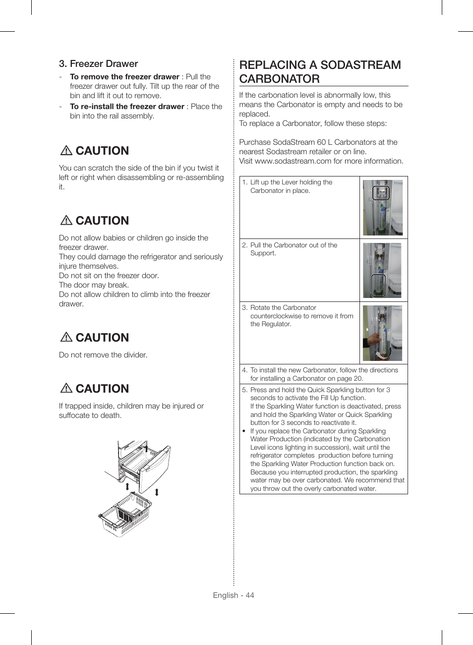 Caution, Replacing a sodastream carbonator, Freezer drawer | Samsung RF23HSESBSR-AA User Manual | Page 44 / 168