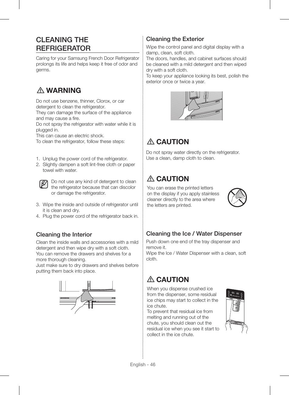 Cleaning the refrigerator, Warning, Caution | Samsung RF23HSESBSR-AA User Manual | Page 46 / 168