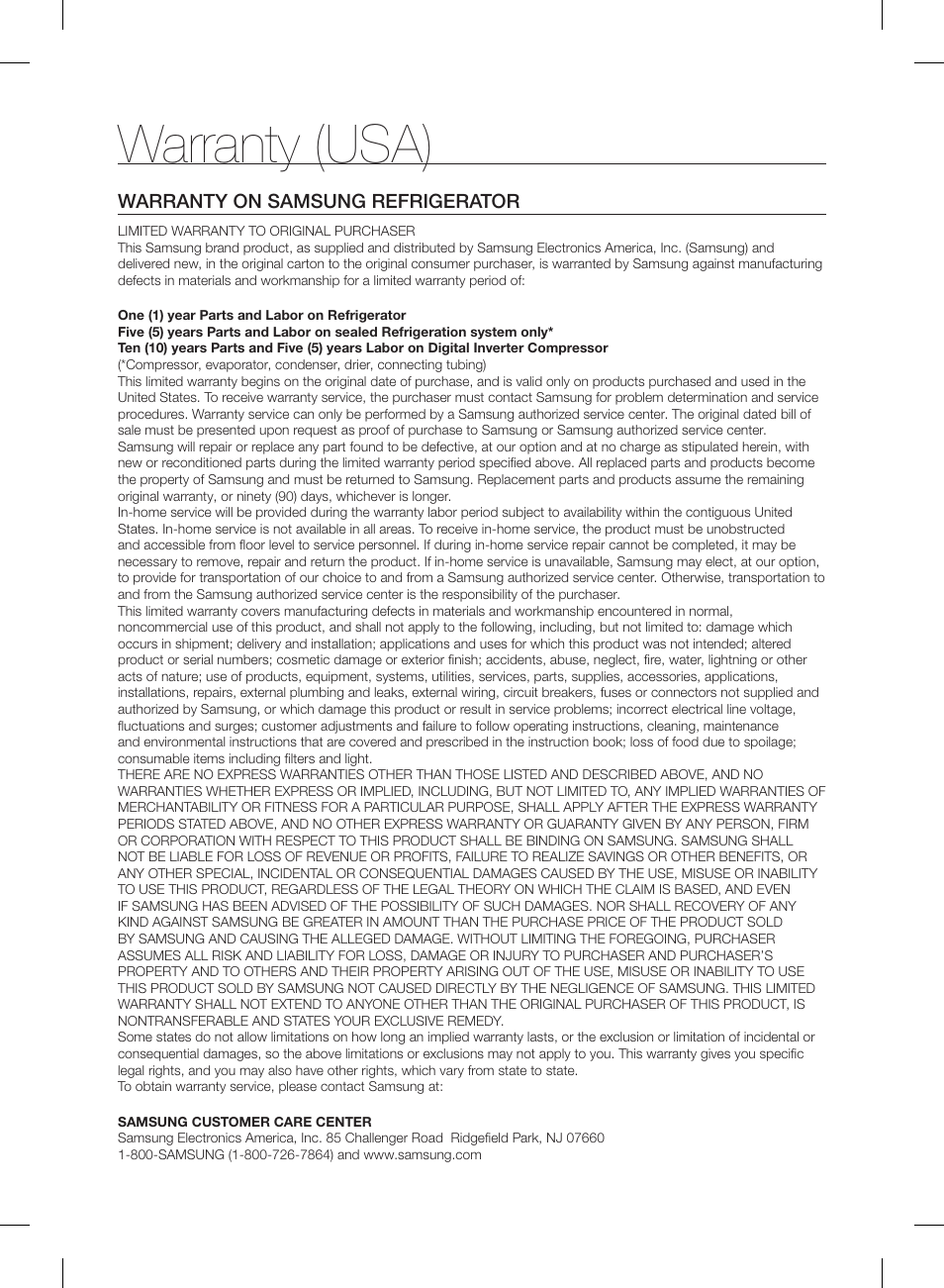 Warranty (usa), Warranty on samsung refrigerator | Samsung RF23HSESBSR-AA User Manual | Page 53 / 168