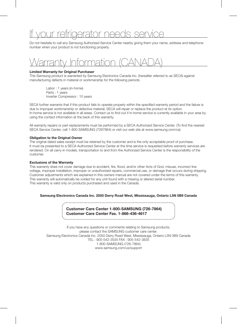 If your refrigerator needs service, Warranty information (canada) | Samsung RF23HSESBSR-AA User Manual | Page 54 / 168
