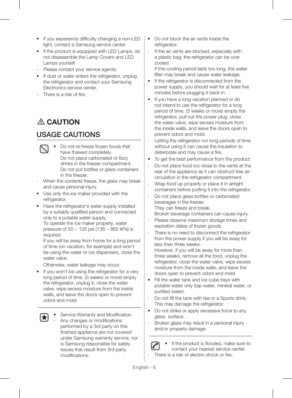 Caution usage cautions | Samsung RF23HSESBSR-AA User Manual | Page 6 / 168