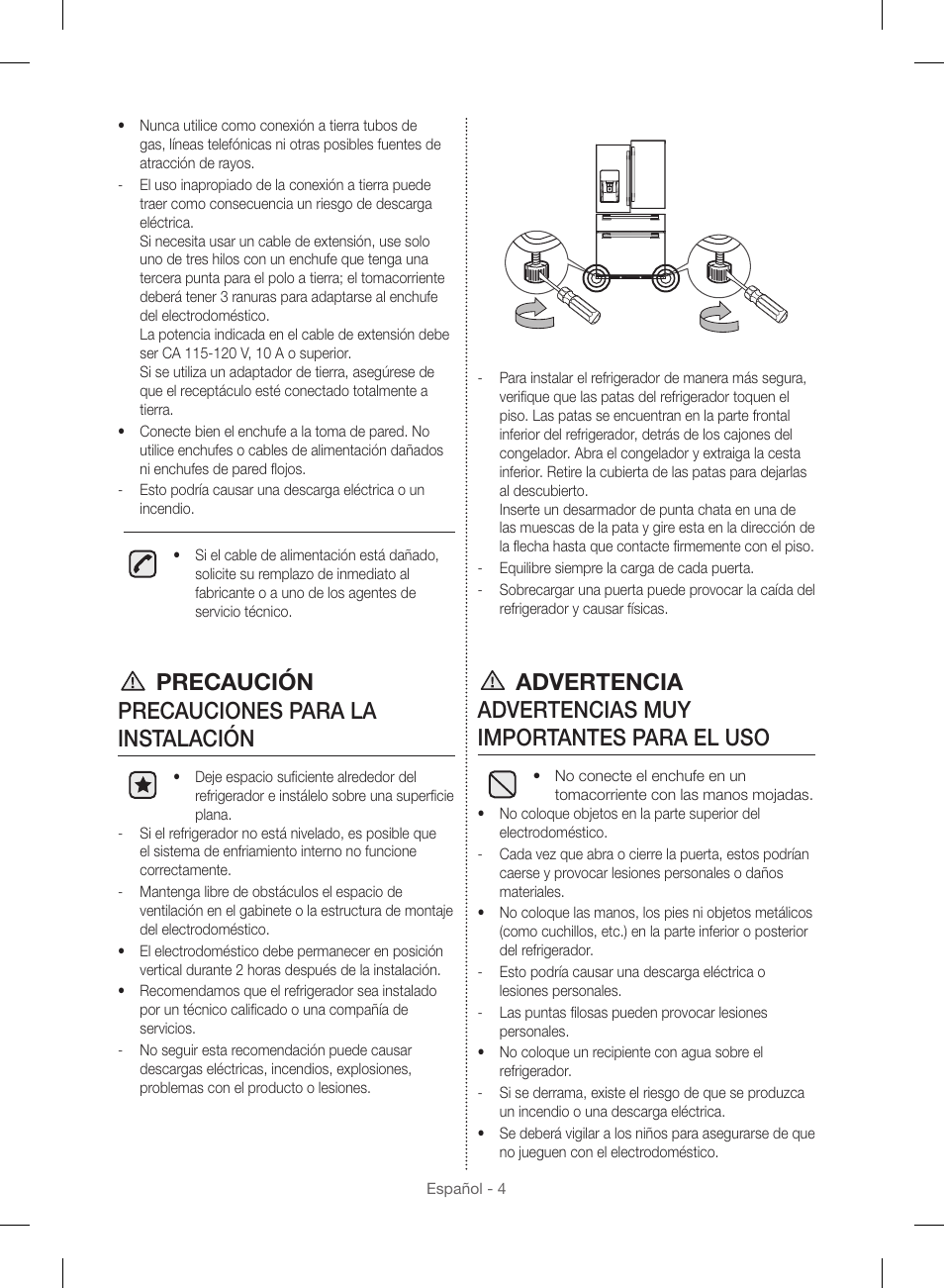 Precaución precauciones para la instalación | Samsung RF23HSESBSR-AA User Manual | Page 60 / 168