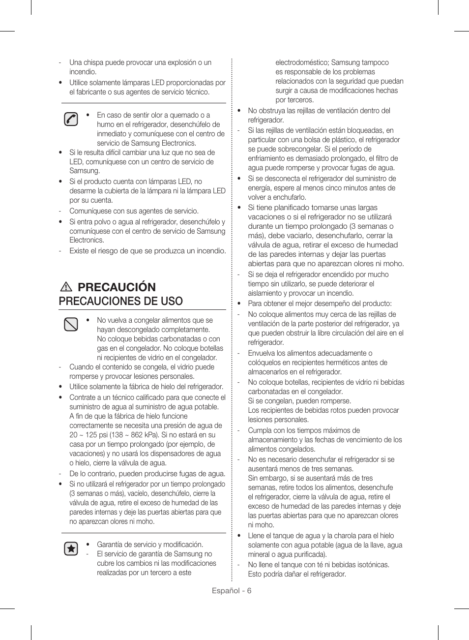 Precaución precauciones de uso | Samsung RF23HSESBSR-AA User Manual | Page 62 / 168