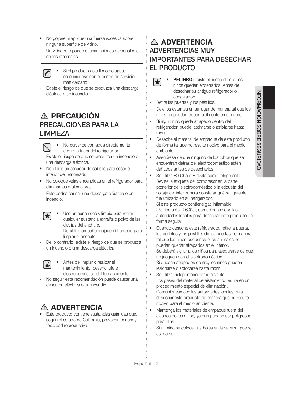 Precaución precauciones para la limpieza, Advertencia | Samsung RF23HSESBSR-AA User Manual | Page 63 / 168