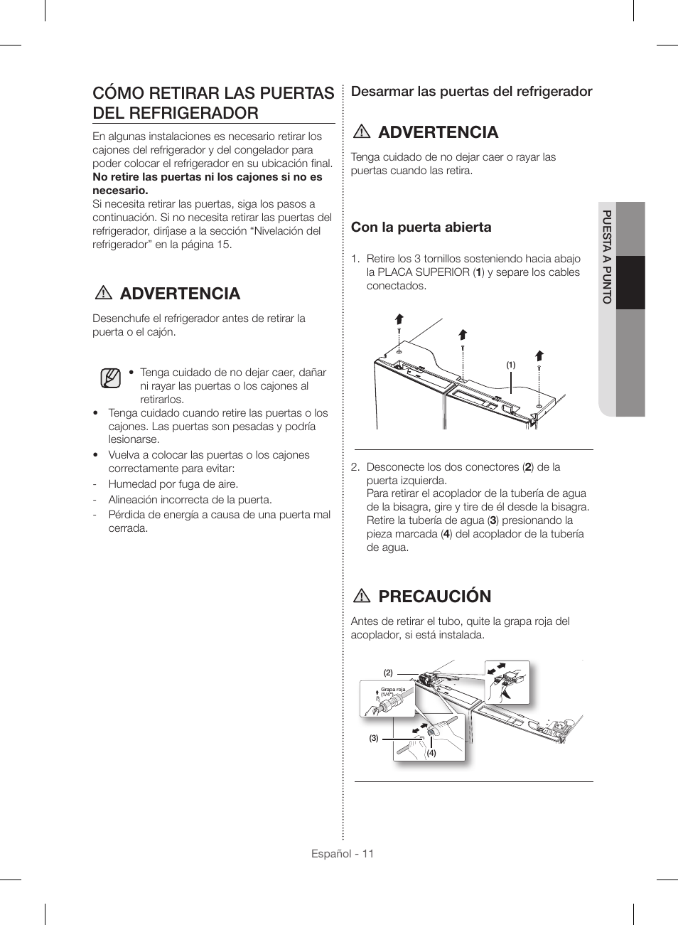 Cómo retirar las puertas del refrigerador, Advertencia, Precaución | Desarmar las puertas del refrigerador, Con la puerta abierta | Samsung RF23HSESBSR-AA User Manual | Page 67 / 168