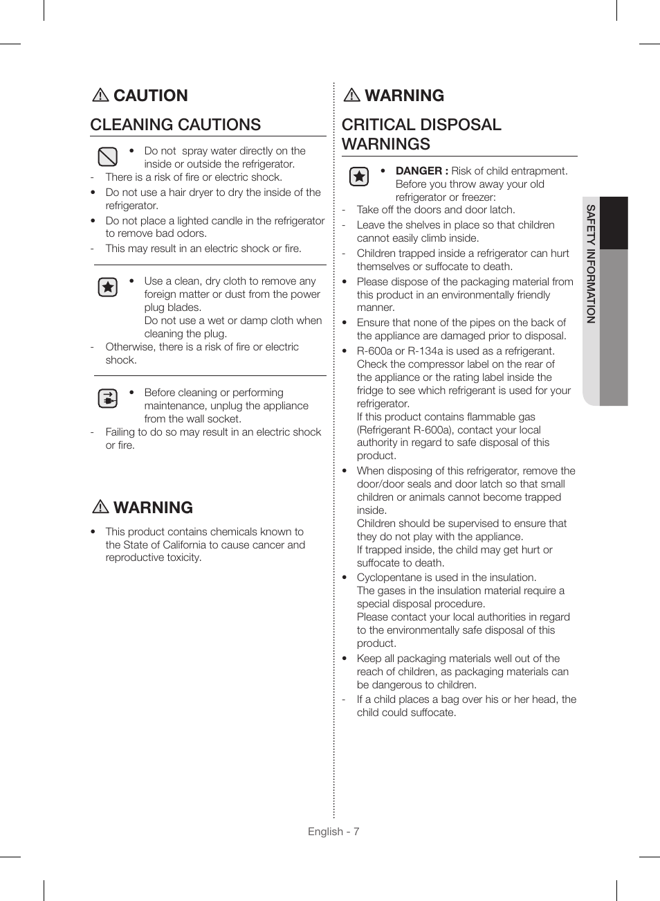 Caution cleaning cautions, Warning, Warning critical disposal warnings | Samsung RF23HSESBSR-AA User Manual | Page 7 / 168