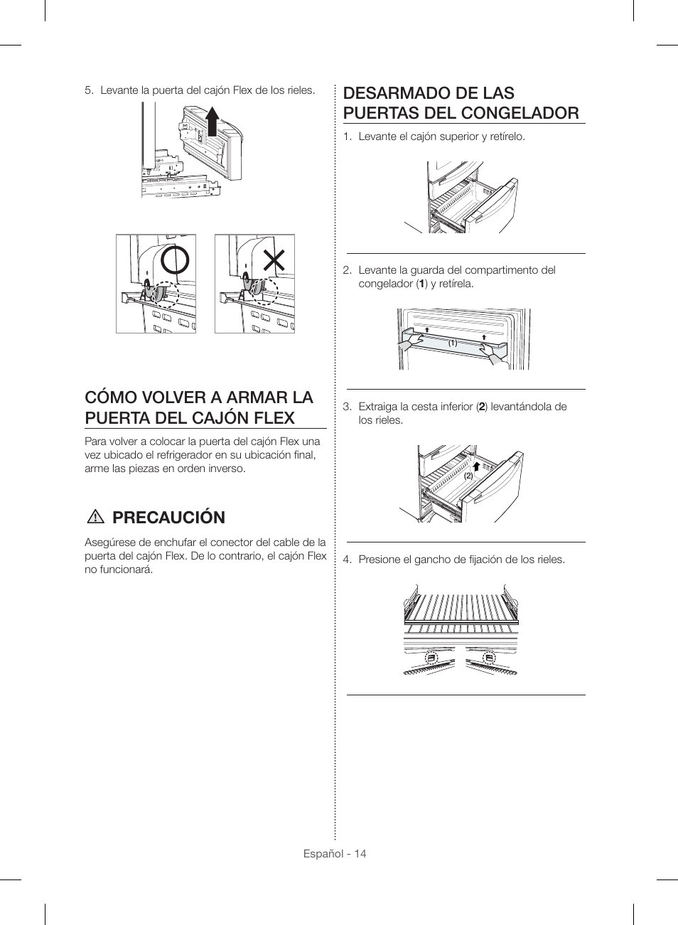 Cómo volver a armar la puerta del cajón flex, Precaución, Desarmado de las puertas del congelador | Samsung RF23HSESBSR-AA User Manual | Page 70 / 168