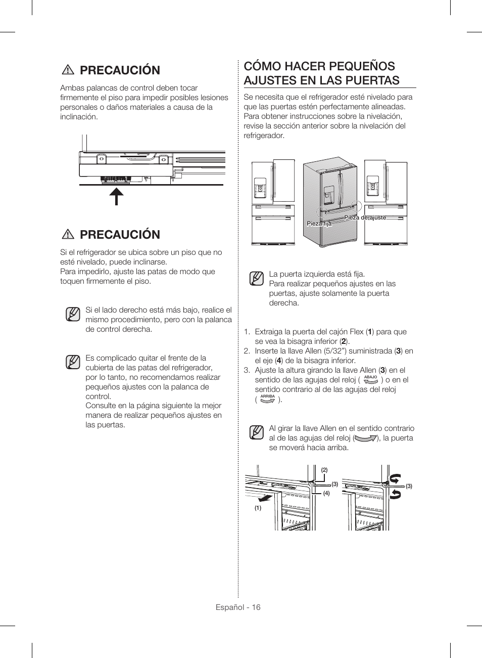 Precaución, Cómo hacer pequeños ajustes en las puertas | Samsung RF23HSESBSR-AA User Manual | Page 72 / 168