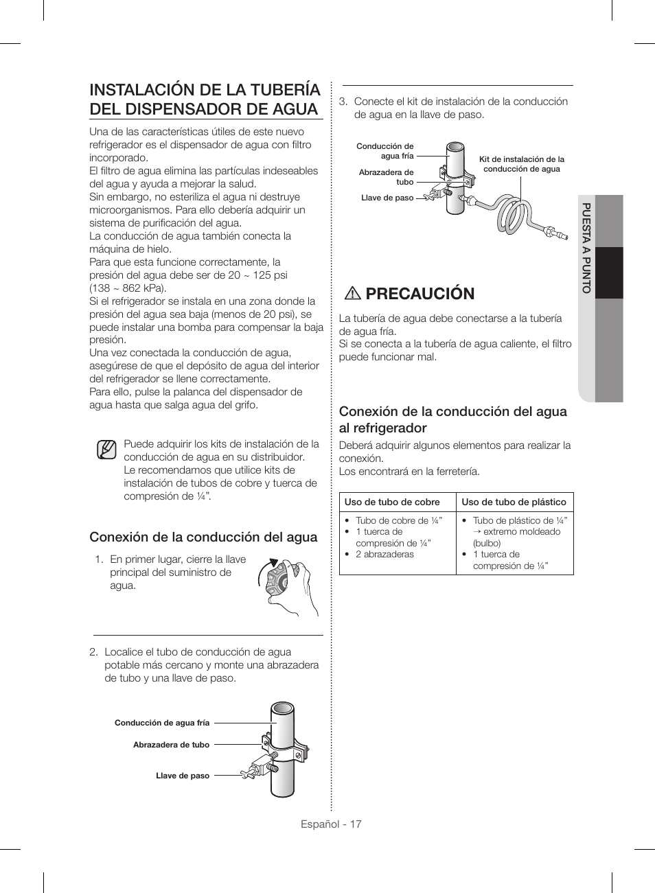 Instalación de la tubería del dispensador de agua, Precaución, Conexión de la conducción del agua | Conexión de la conducción del agua al refrigerador | Samsung RF23HSESBSR-AA User Manual | Page 73 / 168