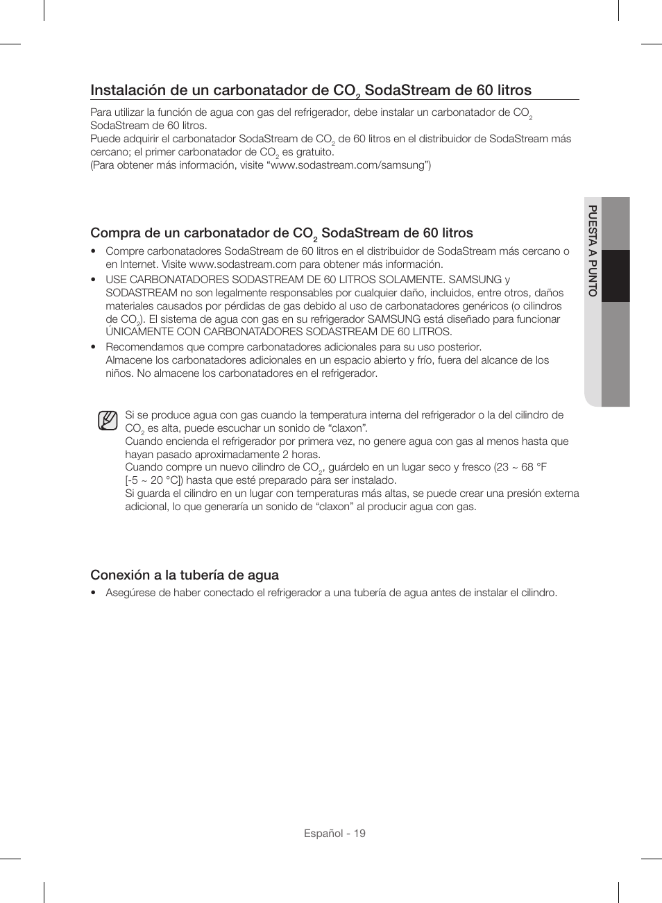 Instalación de un carbonatador de co, Sodastream de 60 litros, Compra de un carbonatador de co | Conexión a la tubería de agua | Samsung RF23HSESBSR-AA User Manual | Page 75 / 168