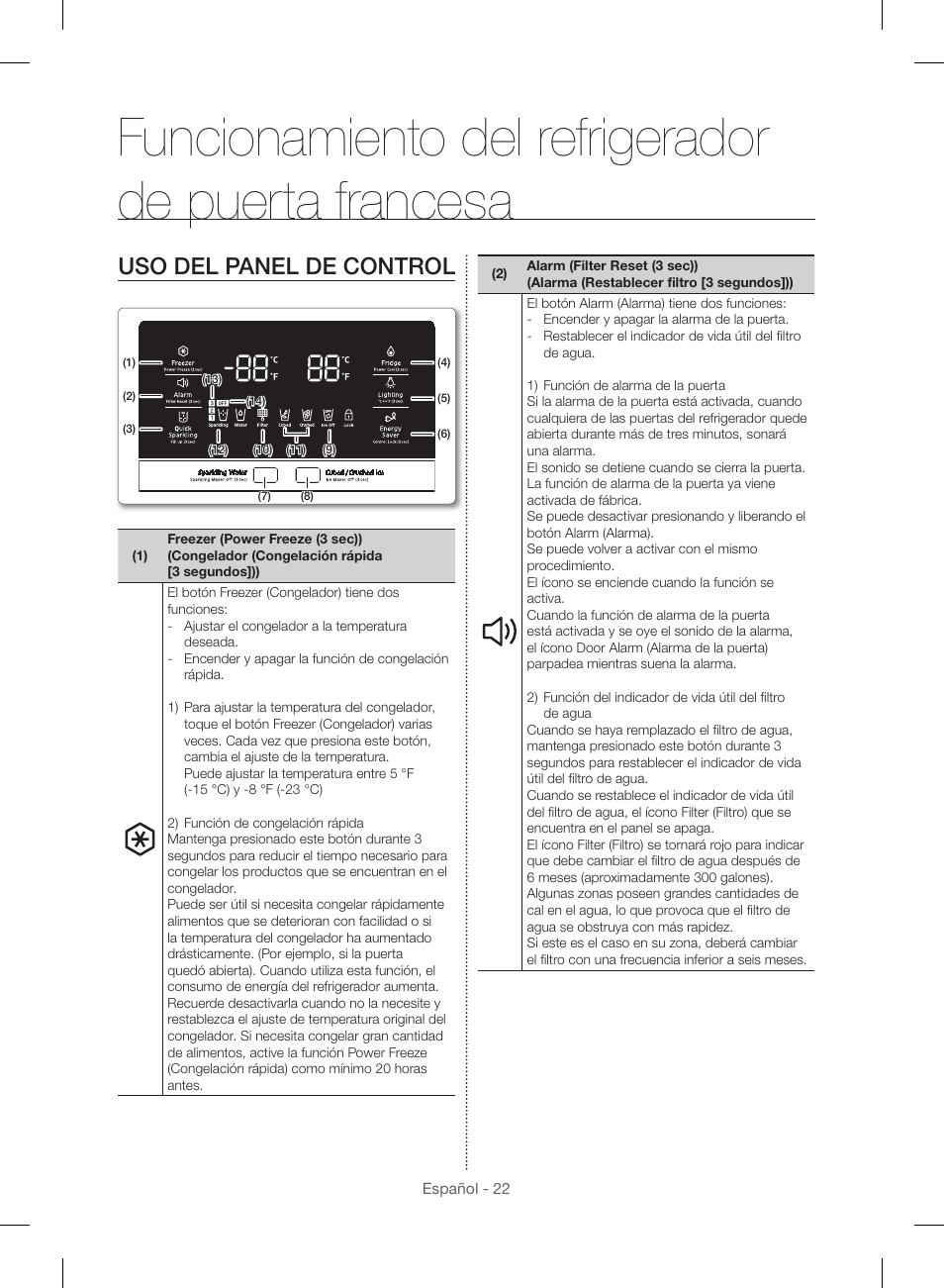Funcionamiento del refrigerador de puerta francesa, Uso del panel de control | Samsung RF23HSESBSR-AA User Manual | Page 78 / 168