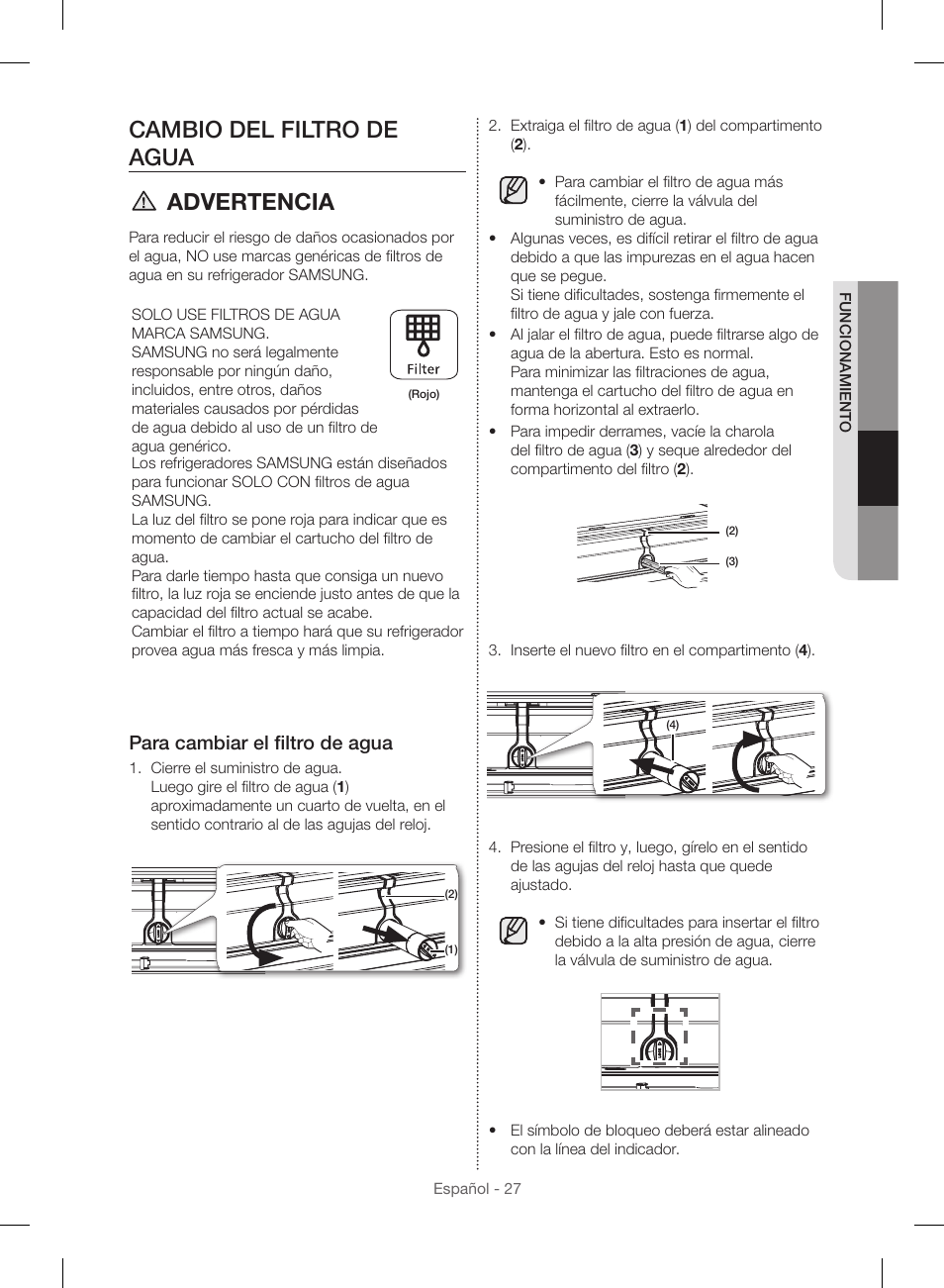 Cambio del filtro de agua advertencia, Para cambiar el filtro de agua | Samsung RF23HSESBSR-AA User Manual | Page 83 / 168